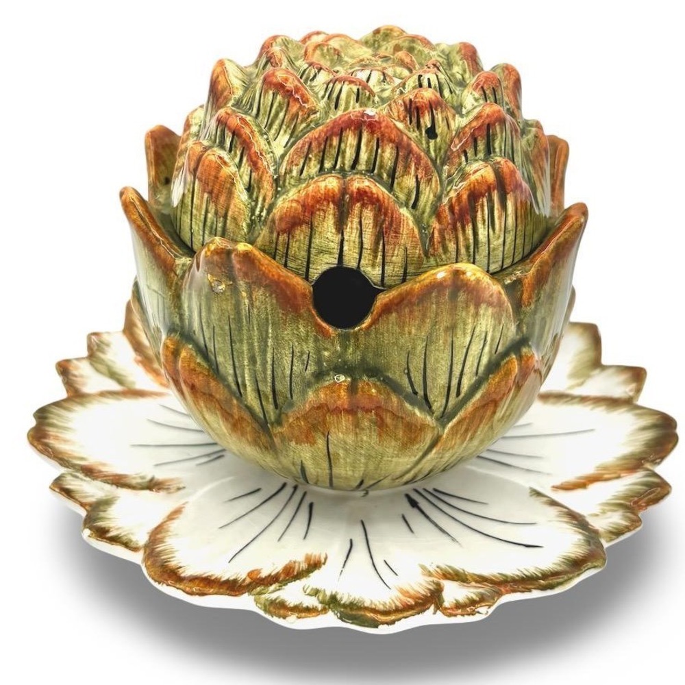 Vintage Artichoke Majolica Ceramic Pottery Sauce Bowl Lid Plate Italy Jam Jar